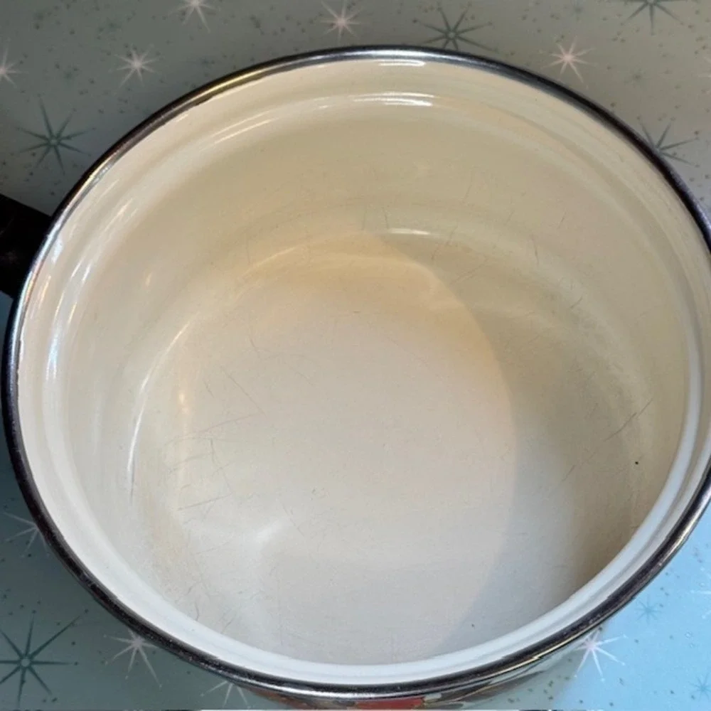 Vintage 1970s Moneta #18 Enamel Saucepan Pot Orange &‎ Brown Floral Boho Italy